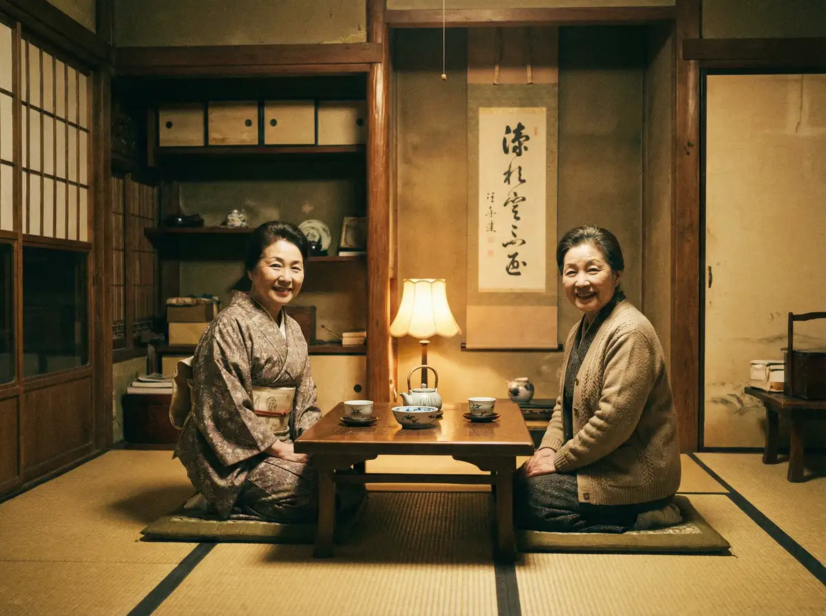 两位优雅的 火狐体育平台 在日式茶室中品茶交谈